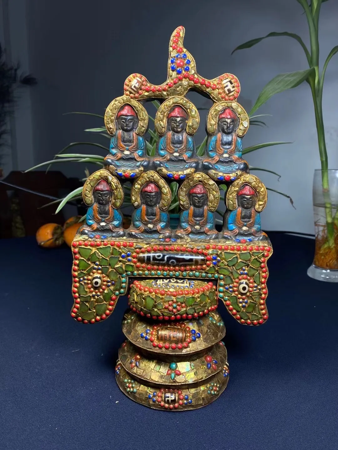 

12 "Tibetan Temple Collection Old Natural meteorite Mosaic Gem Day bead Sakyamuni Seven Buddhas Buddhist niche Platform