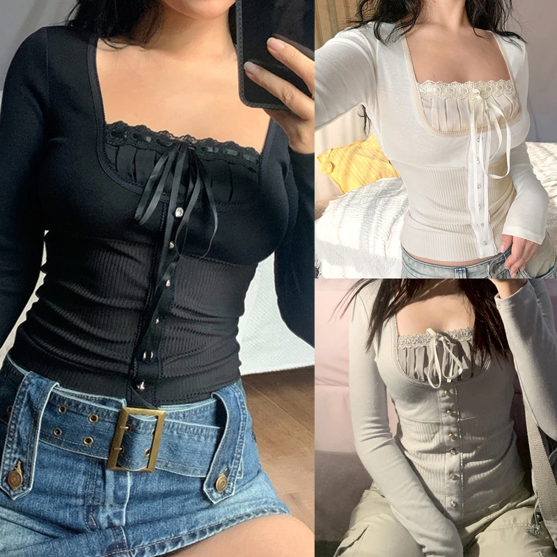

Женский укороченный топ, кружевной пуловер с бантом и оборками, милая Приталенная футболка с квадратным вырезом для девочек на весну и лето,...
