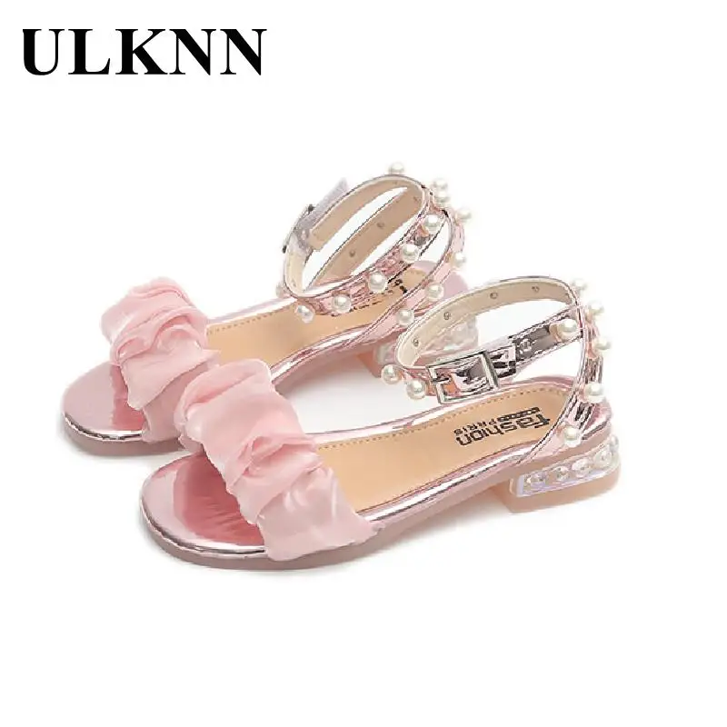 

Girls Lace Sandals 2023 New Student Fashion Pink Square Heel Sandals Breathable Kids Beach Shoes Beads Open Toe Casual Shoes