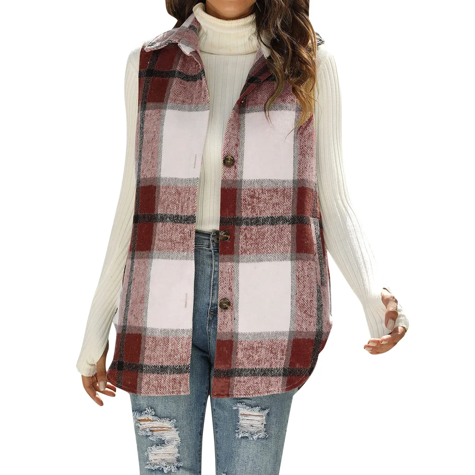 

Women Button Down Flannel Shirt Plaid Sleeveless Collar Business Casual Warm Womens Winter Jacket Maternity Coats Jackets Vests