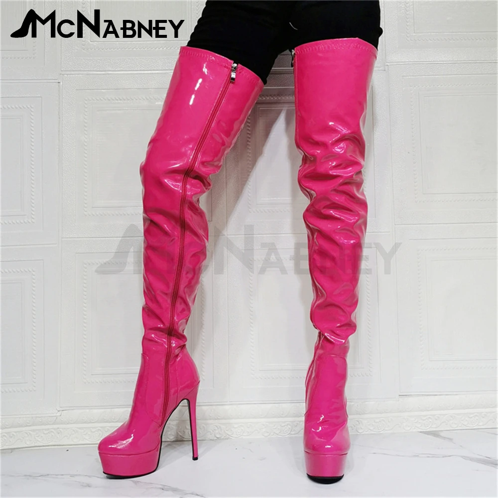 

Custom Knee Boots Platform Patent Leather High Heels Solid Color Over The Knee Boots Simple Style Shoes Large Size for Women