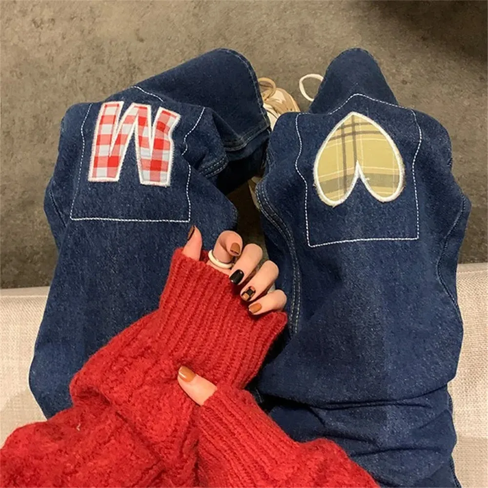 

Повседневные женские джинсы Harajuku с мультяшным принтом Y2k корейские шикарные прямые джинсовые брюки уличная мода с высокой талией винтажные джинсовые брюки