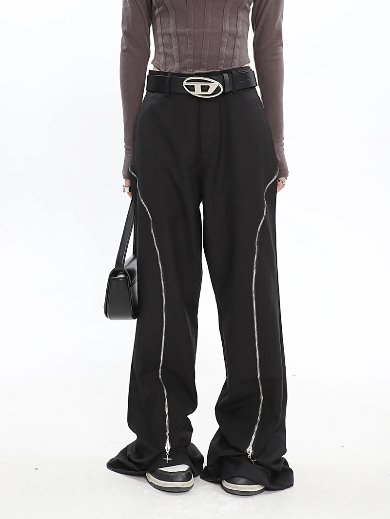 

Весна 2023, корейская мода, длинные брюки на молнии с высокой талией, женская одежда, мужская серая уличная одежда, свободные брюки в стиле хип-хоп XL