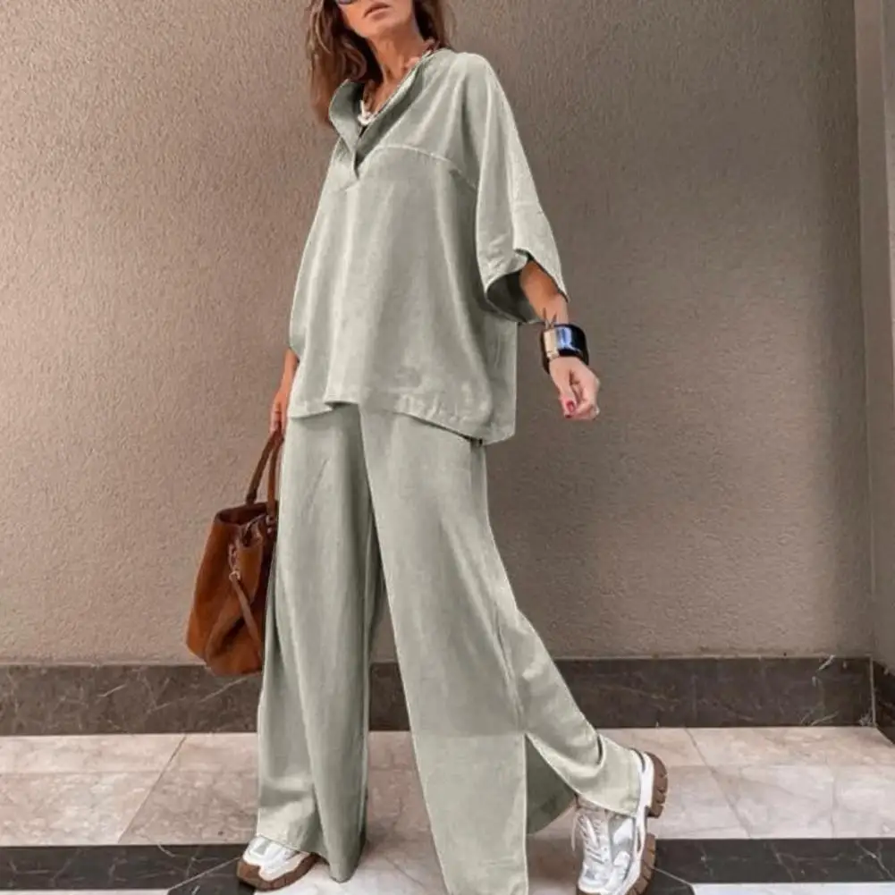 

Women Top Pants Set Vintage-inspired Women's Elastic Waist T-shirt Trousers Set with Wide Leg Split Hem Soft Breathable