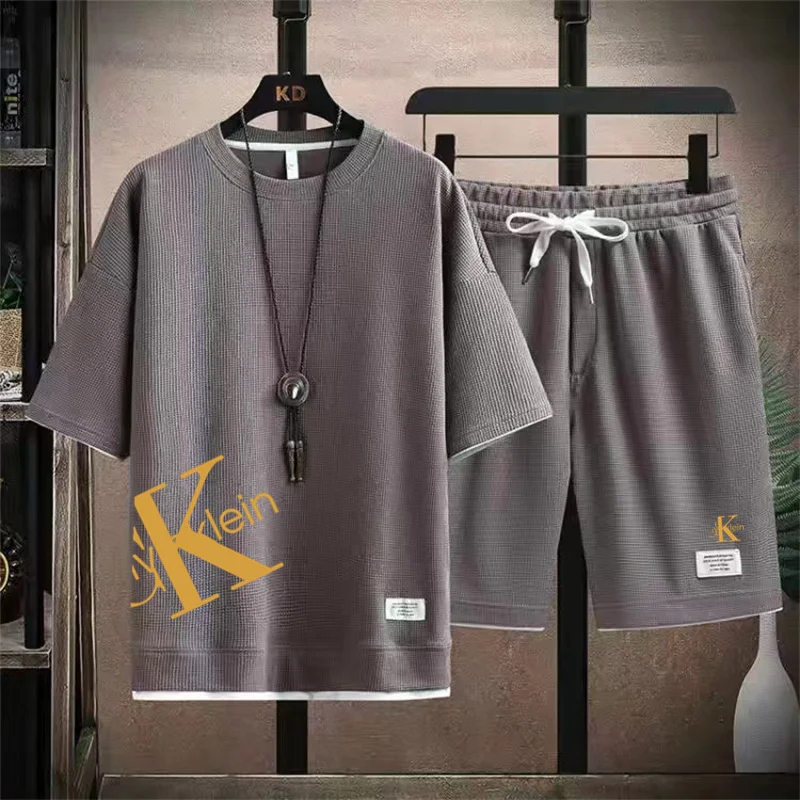 Men's Sportswear, Casual Short Sleeve Sports Suit Set of 2, Waffle Fabric T-Shirt Shorts, Korean Jogging Suit Summer Fashion