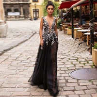 sexy deep v neck black prom dresses for women floor length a line evening gowns with flowers sweep train button back party gowns