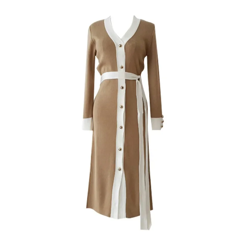 

Винтажное Элегантное трикотажное длинное платье, женское вечернее платье с V-образным вырезом, Осень-зима, офисные женские трендовые сексуальные платья-свитеры для женщин