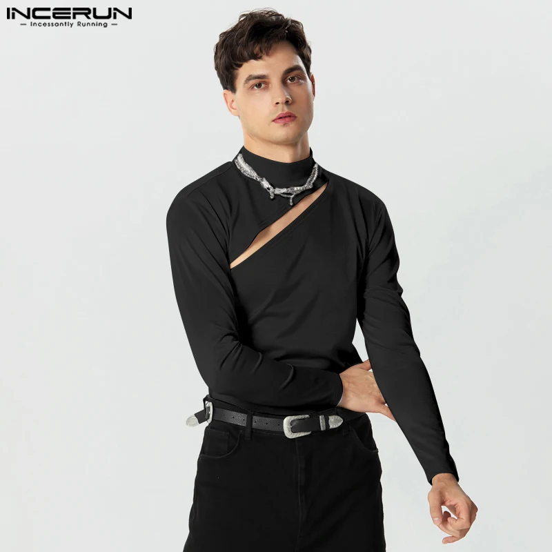 Мужская футболка с высоким воротником и длинным рукавом вырезами