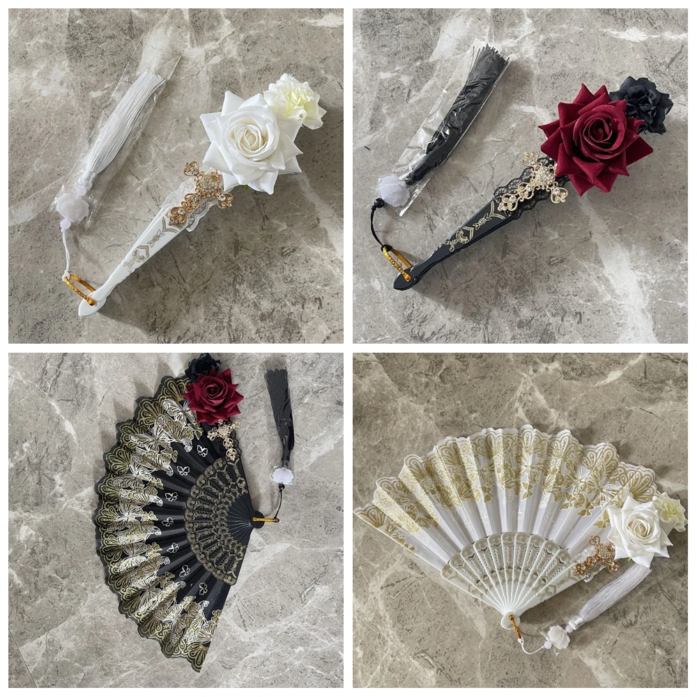 Складной веер в стиле Лолиты японском с подвеской виде розы и кисточкой милая фея