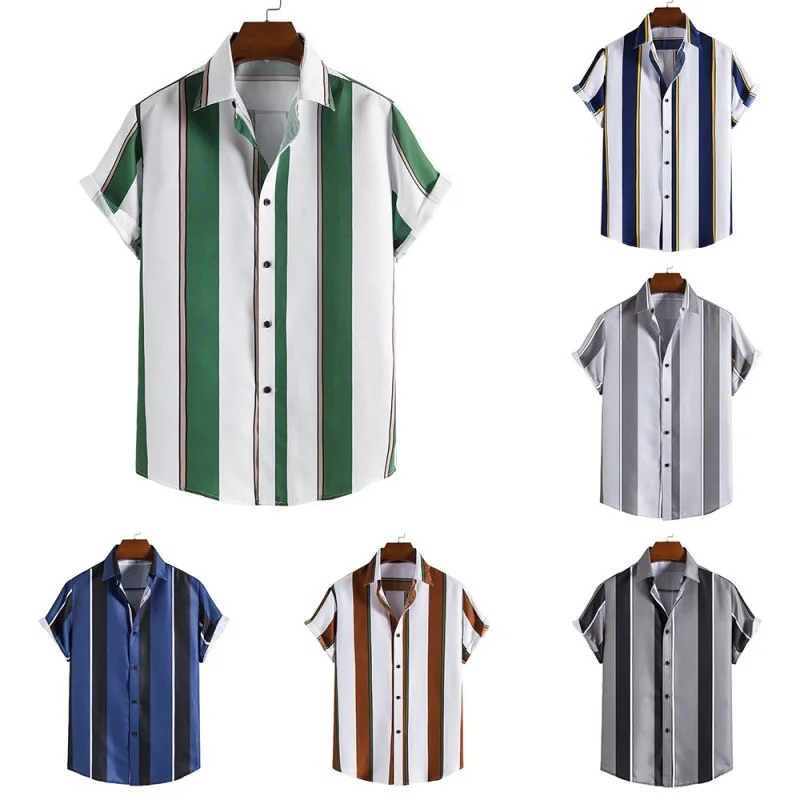 Men's Hawaiian Shirt Summer Stripes Print Short Sleeve Top Tees Fashion Casual Social Shirts Lapel Button Oversized Men Clothing