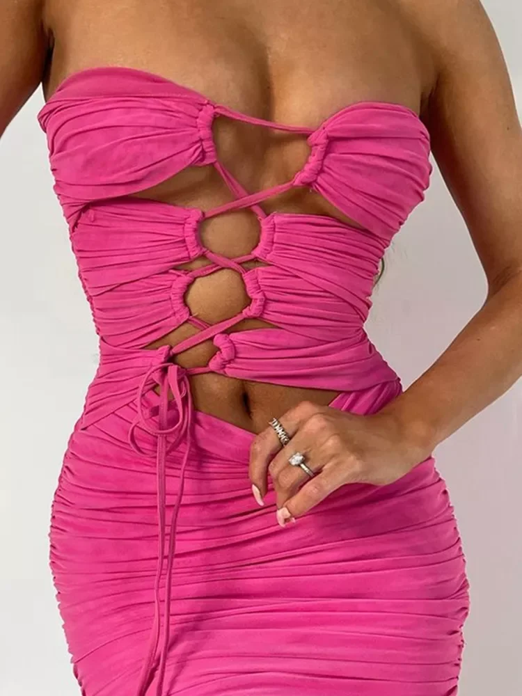 

High Quality Summer Mesh Bodycon Dress Women Party Dress 2021 Lined Strapless Hollow Out Sexy Dress Celebrity Evening Club Dress