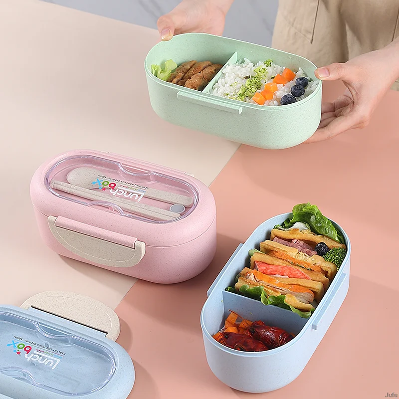 

2layer Lunch Box With Tableware Microwave Leakproof Wheat Straw Office Dinnerware Food Storage Container Kid Insulated Lunch Box