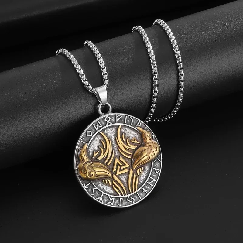Retro Ethnic Style Nordic Viking Double Crow Triangle Rune Pendant Necklace Fashionable Men's Lucky Charm Jewelry