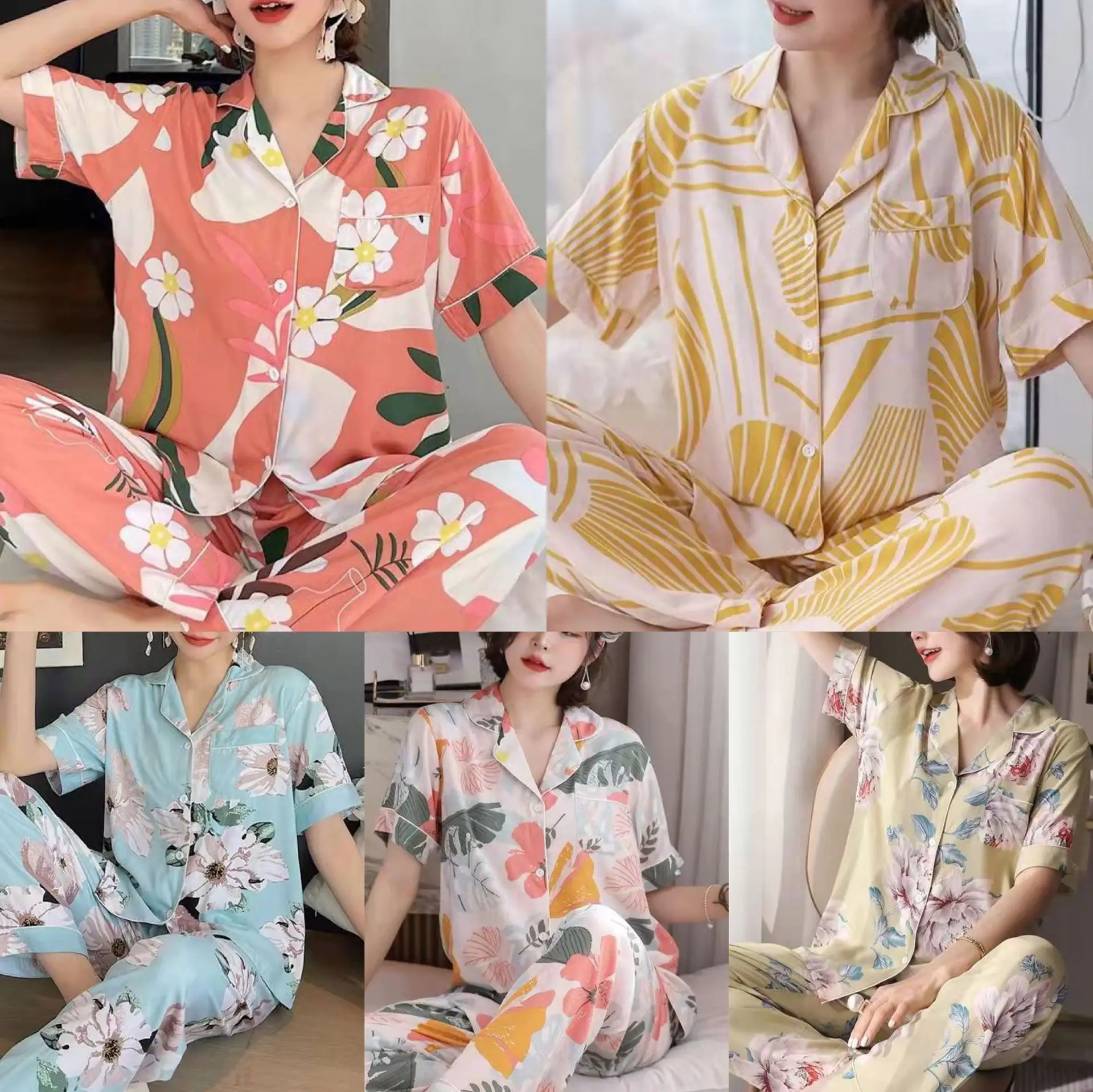 2022 New Flower Pajamas Women's Casual Loose Short Sleeved Trousers Cardigan Home Clothes Lady Sleepwear Female Nightwear