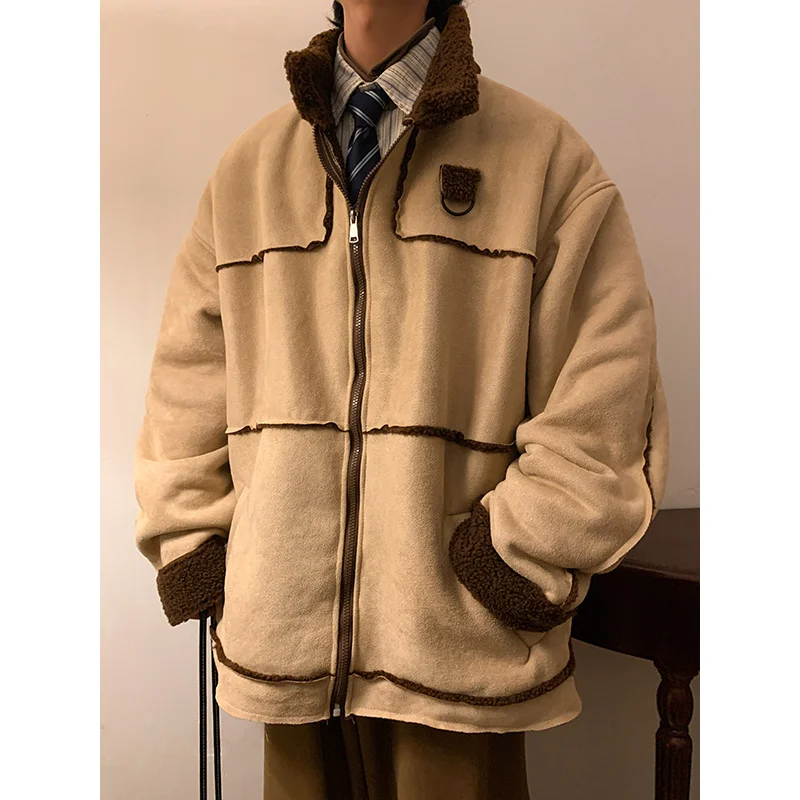 Winter Jacket Men Warm Fashion Casual Thicken Suede Jackets Mens Japanese Streetwear Loose Thick Short Coat Mens Lamb Fur Jacket