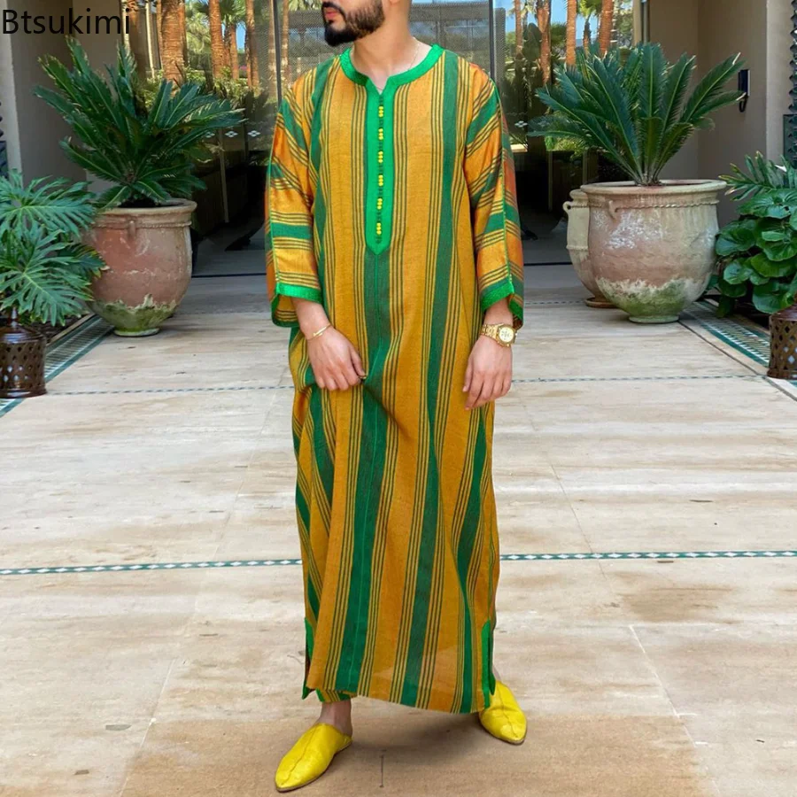 

New 2023 Islam Muslim Long Sleeve Stripes Dubai Shirt Breathable Muslim Men Robes Casual Wear Clothing Dubai Saudi Arabic Robe