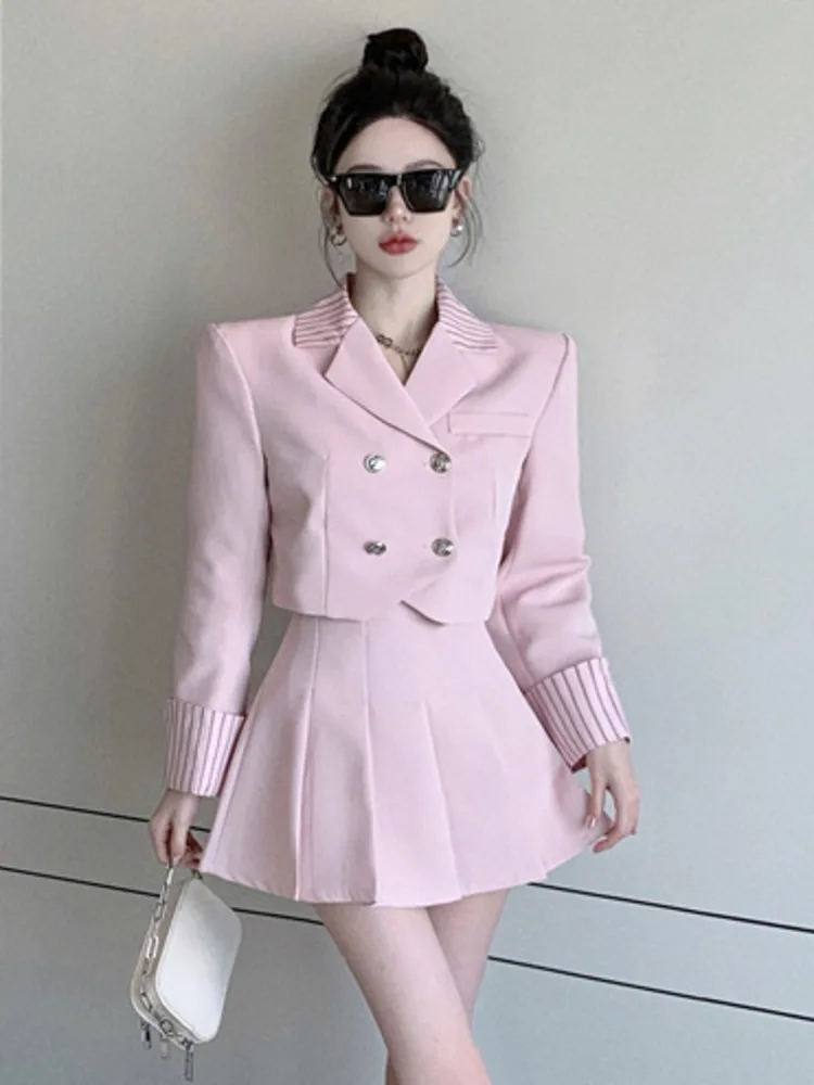 

High Quality Fashion Elegant Office Lady 2 Piece Sets Women Outfit Blazer Coat Crop Top + Skirt Set Korean Sweet Two Piece Suits