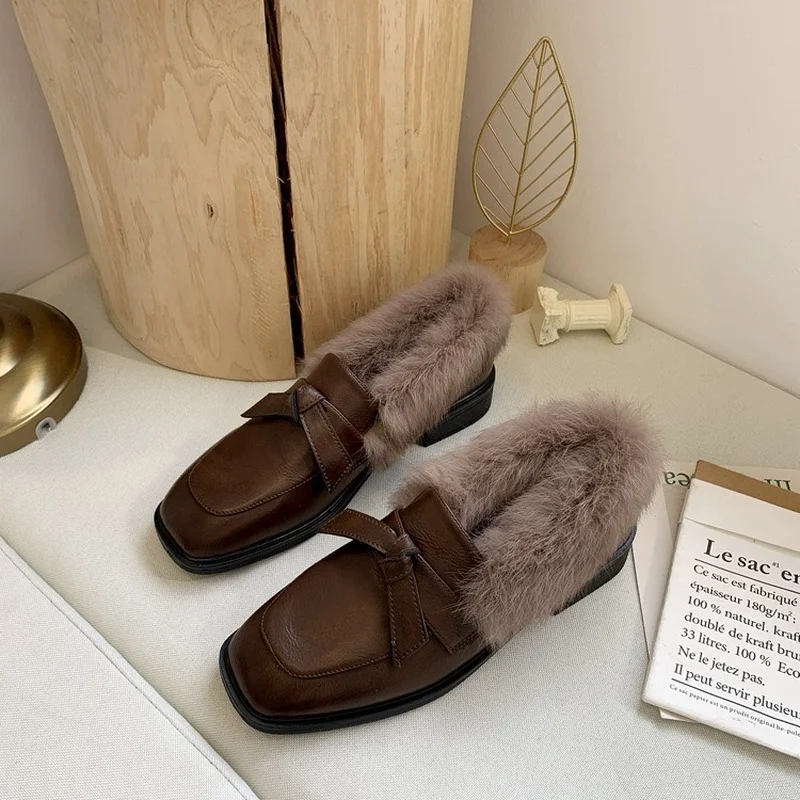 2022 Fashion Women Loafers Faux Rabbit Fur Slip-on Shoes Woman Low Heels Casual Shoes Plush Warm Boat Shoes Zapatos De Mujer