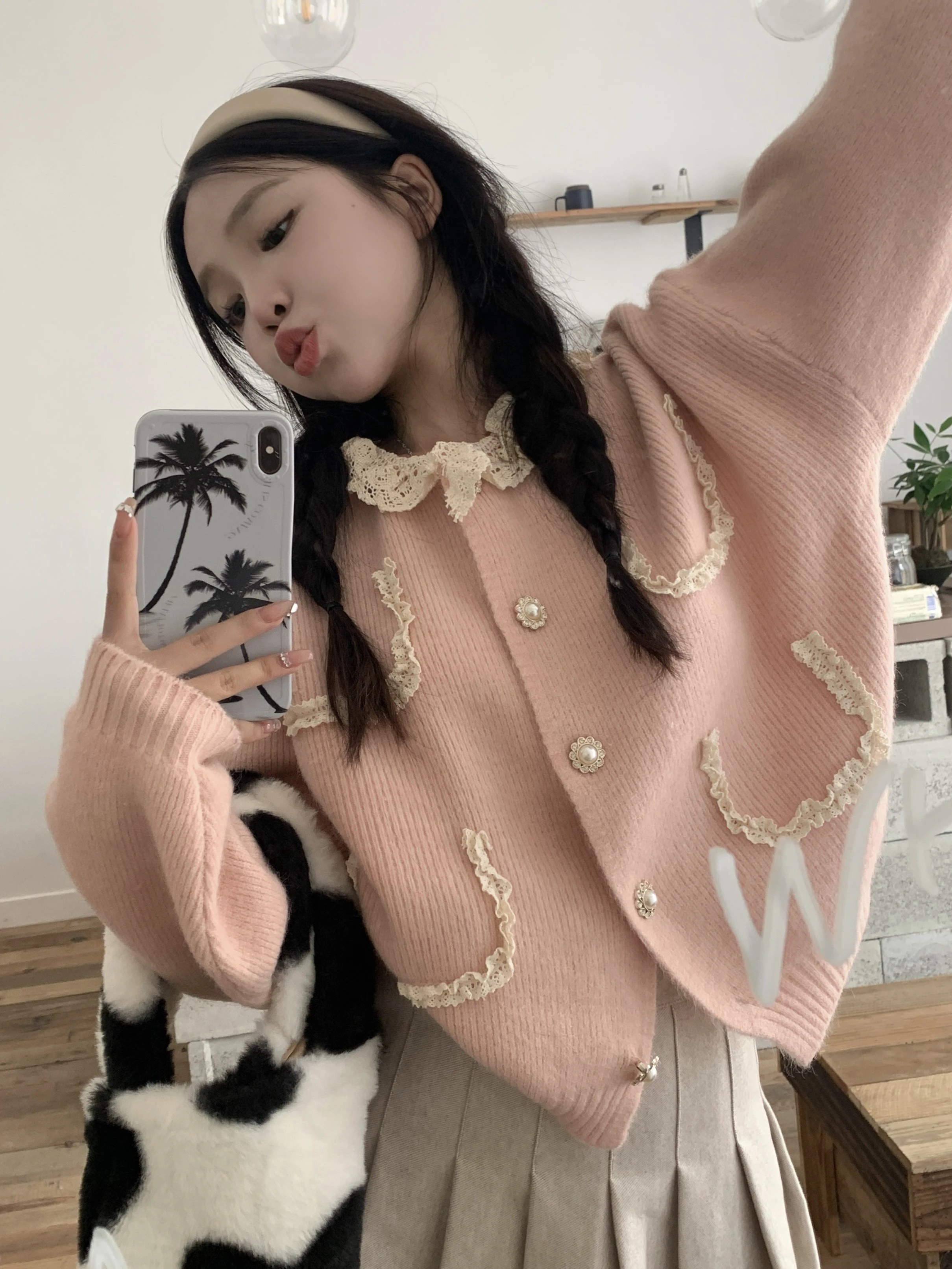 Вязаный кардиган женский осенне-зимний милый однобортный укороченный с