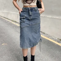 2022 womens skirts light familiar style asymmetric pleated retro distressed solid color a line version denim skirt
