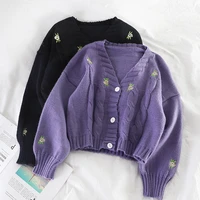harajuku knitted fashion loose sweater cute embroidery floral female cardigan v neck lantern sleeve women spring autumn clothes