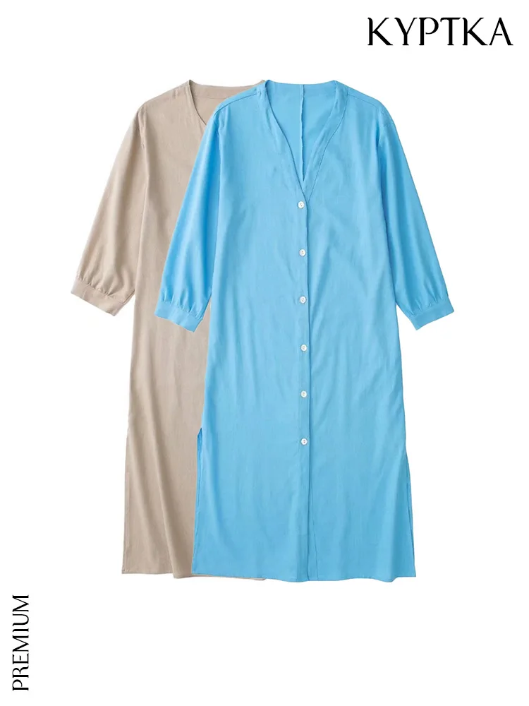 

Платье женское льняное средней длины на пуговицах спереди с рукавом три четверти