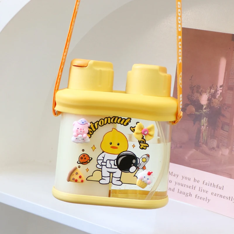 

640ml Cartoon Children Double Straw Water Bottle Outdoor Portable Strap Plastic Cup Leakproof Student Drinking Bottles Kettle