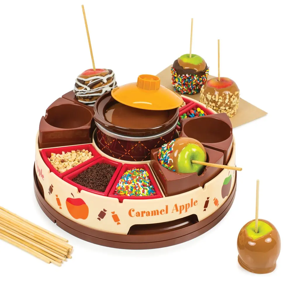 

NCCA5 Lazy Susan Chocolate and Caramel Apple Party with Heated Fondue Pot, 25 Sticks, Decorating and Toppings Trays