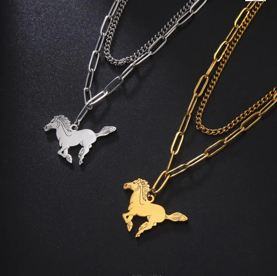 

1PC New Trend Stainless Steel Double Layer horse necklace heart horse pendant necklaces F1211