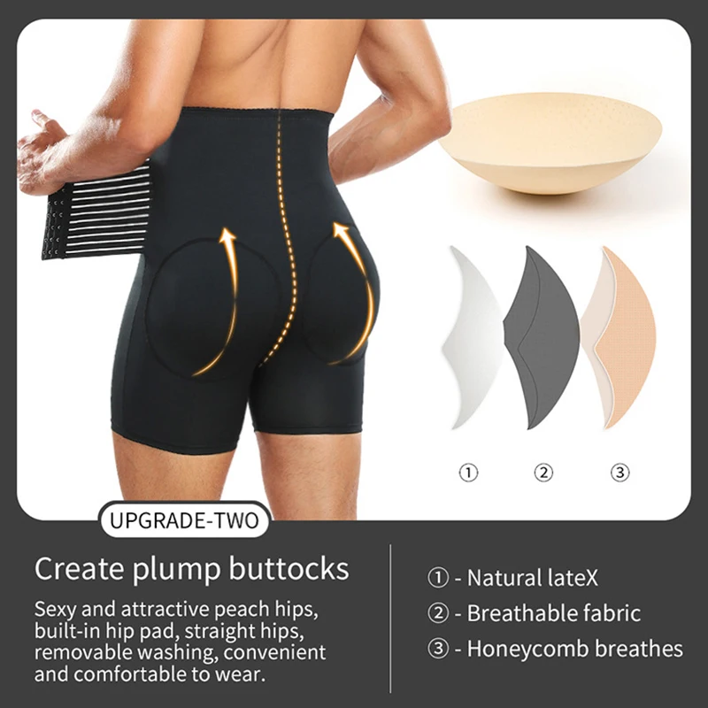 Men High Waist Trainer Shorts with Hooks Tummy Control Body Shaper Padded Boyshorts Butt Lifter Compression Abdomen Belly Shorts