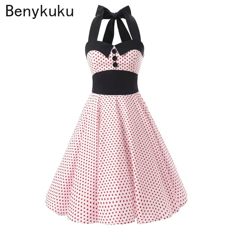 Женское винтажное платье ретро без рукавов розовое вечерние в горошек с лямкой
