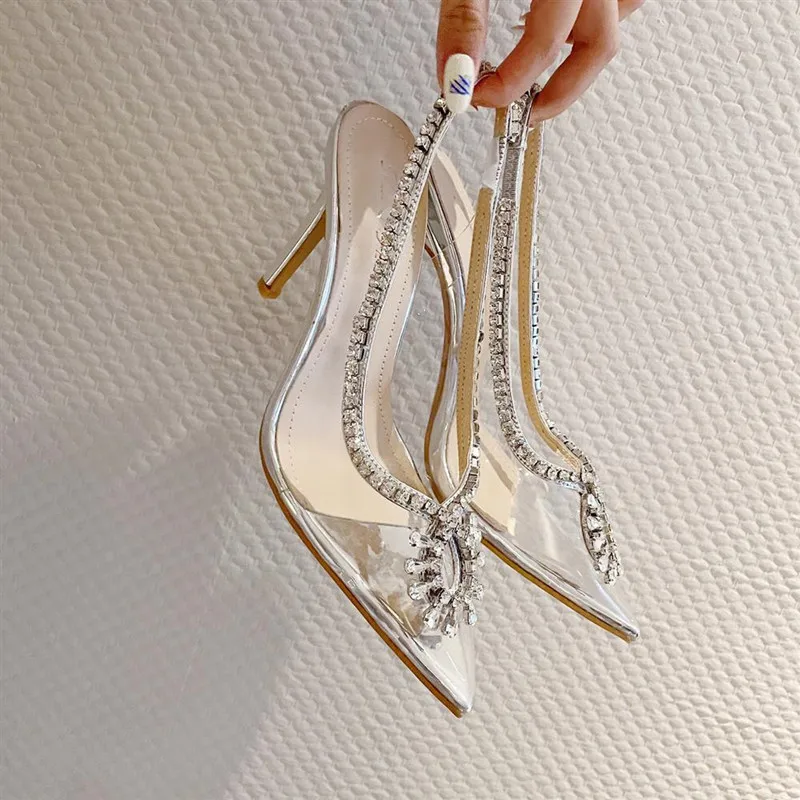 Women's transparent sandals 2023 pointed high heel rhinestone chain crystal French PVC wrapped thin heel banquet muller shoes
