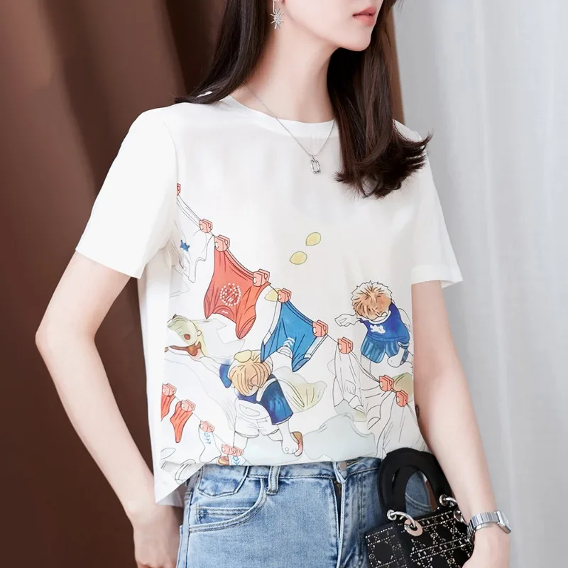 

Шелковая Хлопковая женская футболка, Новинка лета 2023, свободные футболки с принтом, топ с коротким рукавом и круглым вырезом, женская одежда в стиле пэчворк YCMYUNYAN