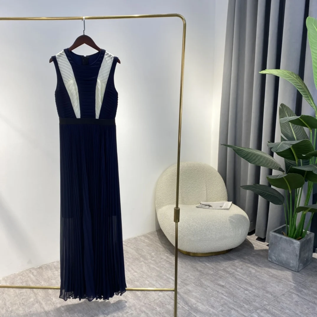 

2022 New Spring Women Fashion White Patchwork Deep Blue Sleeveless High Quality Pleated Ankle Length Dresses for Ball Party