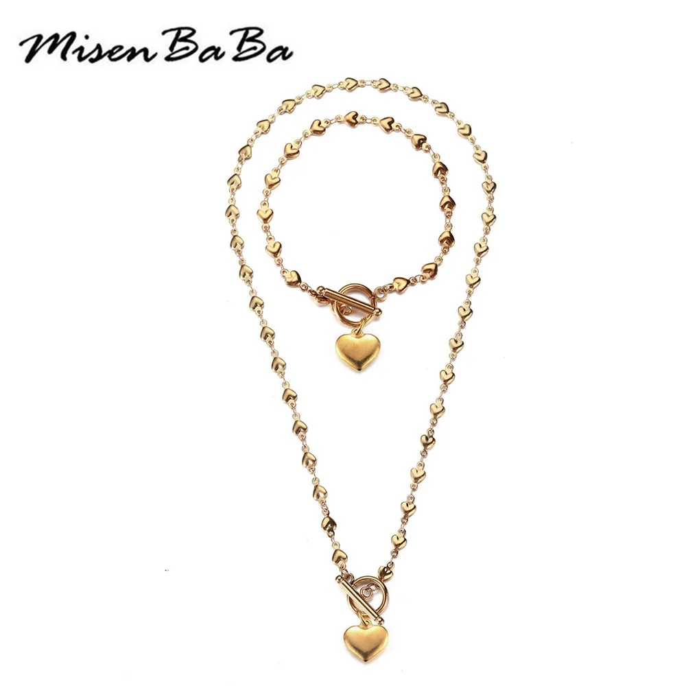 

MisenBaBa 2022 New Style Stainless Steel Heart Jewelry Set For Women Fashion Bracelet Necklace Sets
