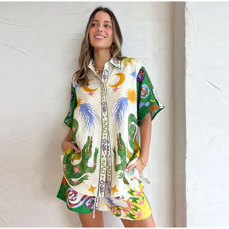 

Summer Print Women Shirt Shorts Sets 2023 Beach Holiday Casual Loose Lady Suits Short Sleeve Shirts Elastic Waist Shorts Set