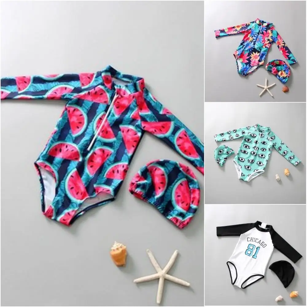 

Cute Baby Girls Swimwear Swimsuit One Piece Body Suit Long Sleeve Beach New Summer Unicorn eyes Watermelon Beach Korea Style