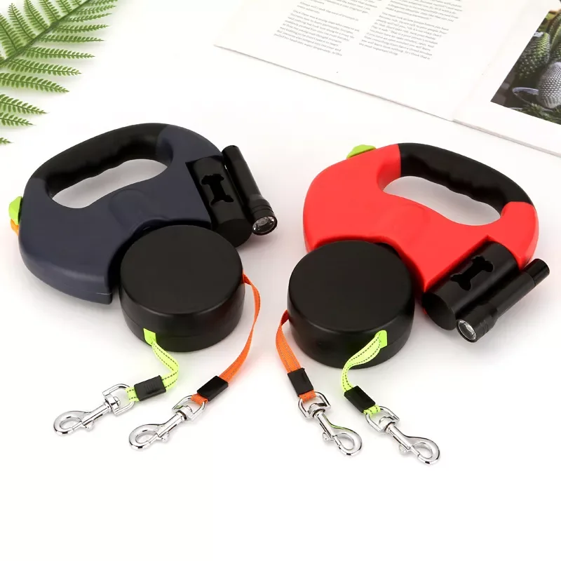 

2022New Double Dog Leashes Automatic Retractable Nylon Lead Extension Puppy Walk Roulette with Light Fidget Toy Poop Bag Case