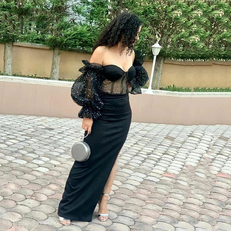 

Gothic Glitter Elegant Mermaid Evening Dress Off The Shoulder High Slit Black Formal Prom Party Gowns With Puffy Long Sleeve