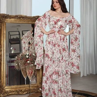 middle east fashion women dress breathable chiffon pink flower print summer sexy off shoulder vestidos elegantes para mujer