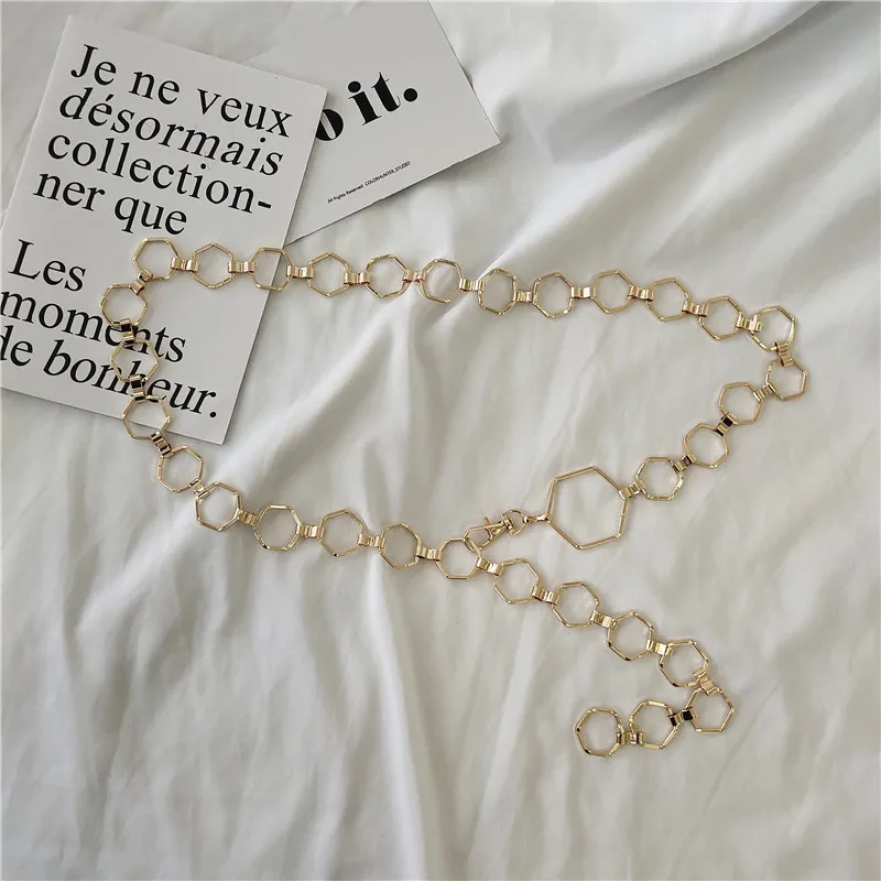 

Ladies Geometric Long Belly Waist Chain Belt for Women Fashion Female Personality Metal Gold Circle Chain Belt for Dress 100