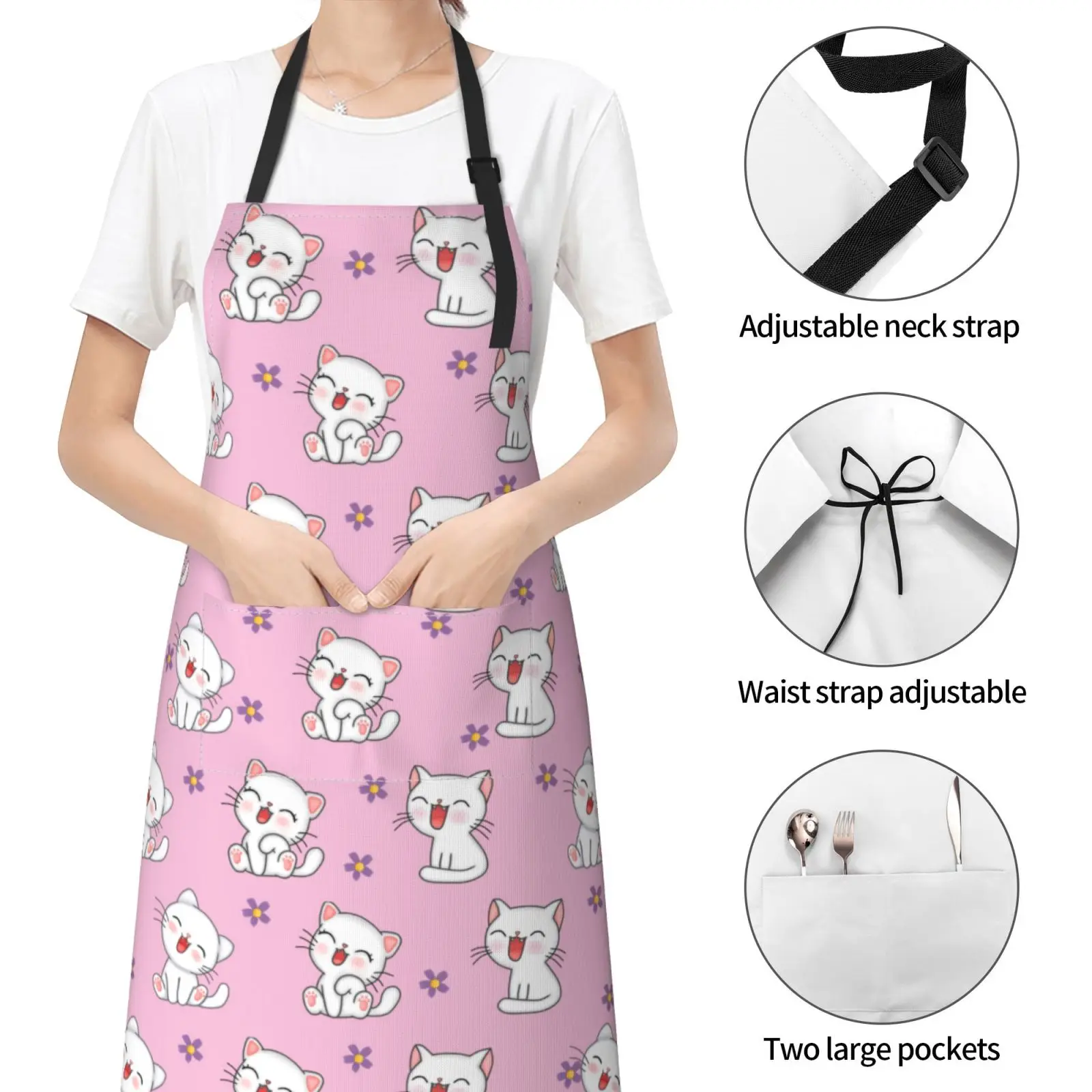 Cute Cats Apron, Funny Aprons with 2 Pockets for Women Adjustable Neck Waterproof Stain Resistant Cooking Gardening Nail Salon