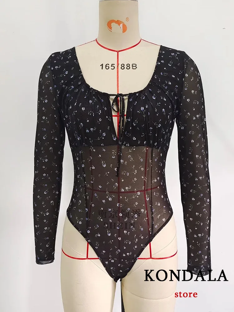Пикантные шифоновые боди KONDALA с цветочным принтом черные прозрачные облегающие