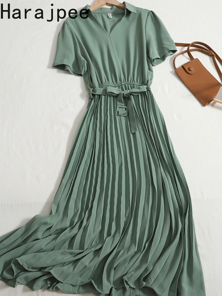

Женское плиссированное платье Harajpee, однотонное винтажное длинное платье с отложным воротником и широкой юбкой, универсальное облегающее п...