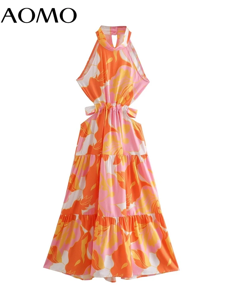 

AOMO Women's Summer Dress Fashion Flowers Print Halter Dresses Back Bow Female Casual Beach Dress 5X28A