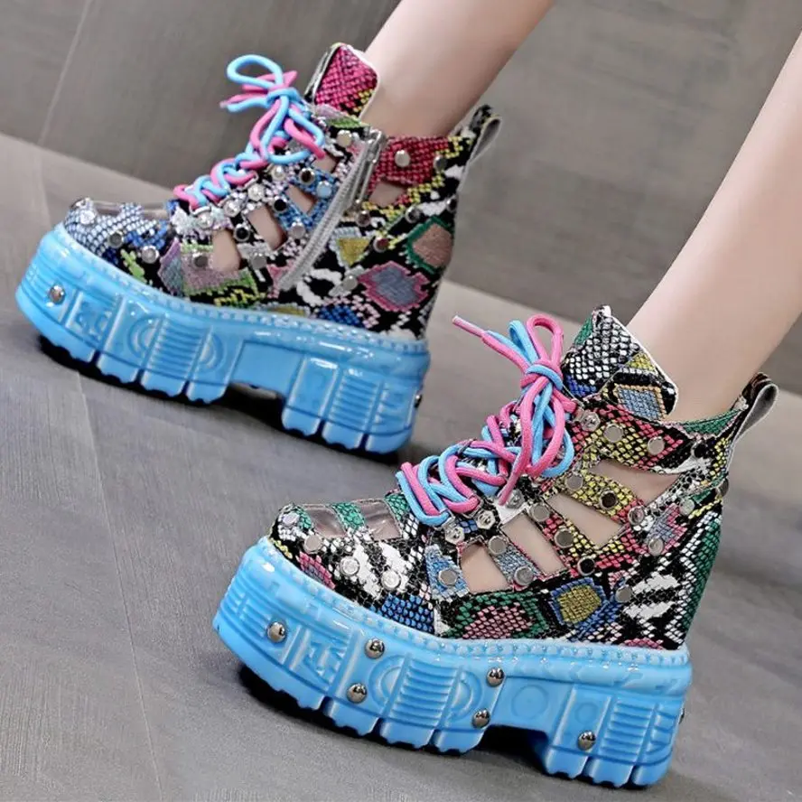 

Thick Sole Height Increasing Platform Pumps Women's Snake Pattern Cow Leather Ankle Boots Sandals Wedge High Heels Party Shoe