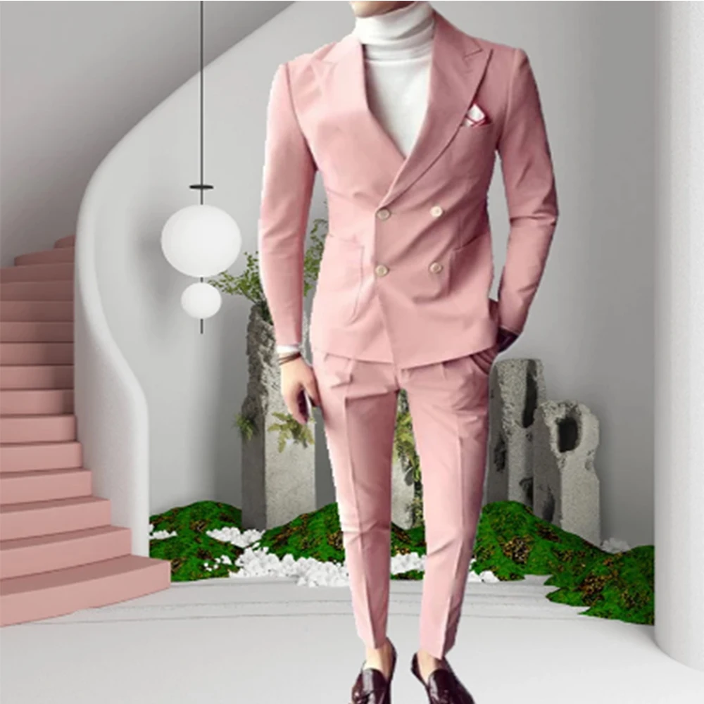 Pink Fashion Sunshine Men Suits Double Breasted 2 Pieces (Jacket+Pants) Peaked Collar Slim Fit Suits for Wedding Party Tuxedos