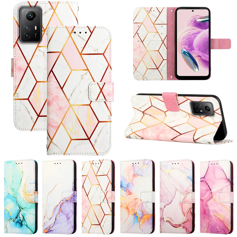 

Leather WalletCase on For Redmi Note 12 Turbo 12s 12ProPlus 12Explorer 12Speed Note12Pro Marble Flip Phone Bag Lanyard Card Slot