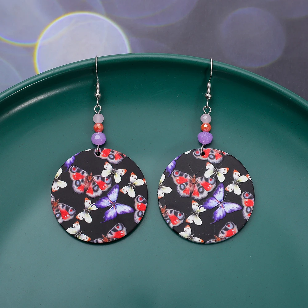 Новые модные круглые черные акриловые висячие серьги с принтом бабочки Relievo для
