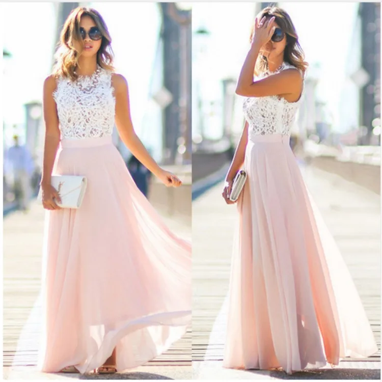 

Summer Bohemian Dress Fit Flare Lace Sleeveless Ladies Beachwear Solid Floor-Length Elegant Party Dress Casual Lace Long Dress